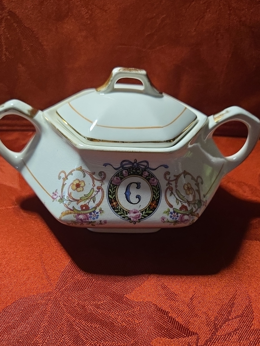 Monogrammed "C" Floral Porcelain Sugar Bowl w/ Gold Trim By The French China Co.